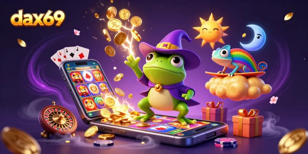 Dax69 menghadirkan pengalaman bermain kasino yang menarik dengan karakter dan elemen visual yang dinamis, termasuk koin emas dan permainan slot interaktif.