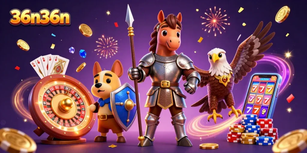 Ganhe em 36n36n com a ilustração de um cavaleiro medieval e um falcão acompanhados de moedas e cartas de jogo.