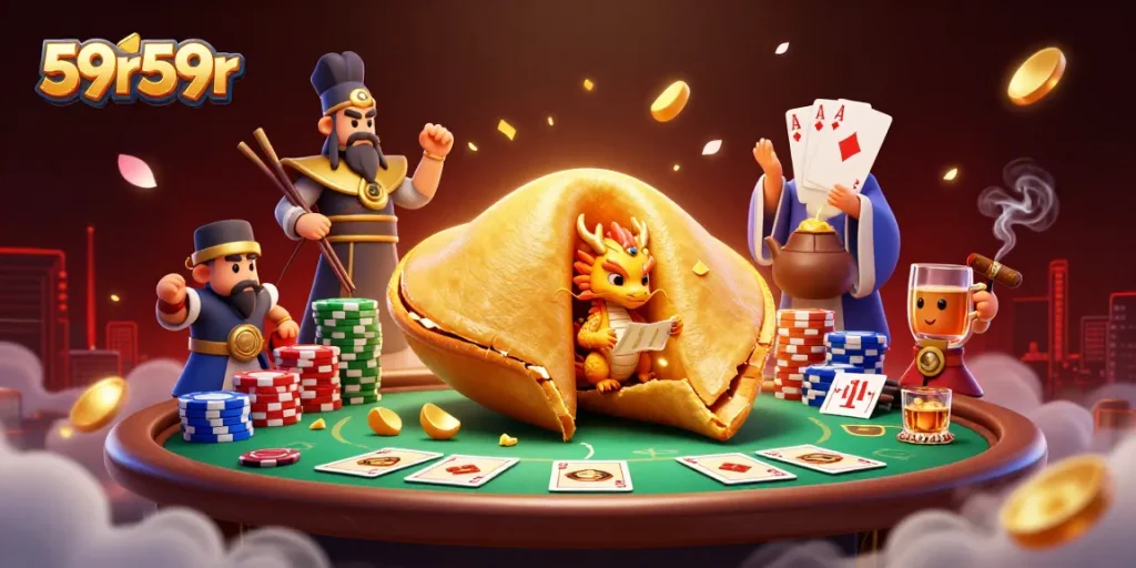 Ilustração animada de 59r59r com dragão sábio e ficha de poker, rica em detalhes.