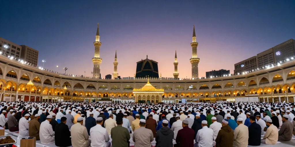 Umroh Full Ramadhan bliss at Makkah, a travel guide to unforgettable spiritual journeys under an orange sky.