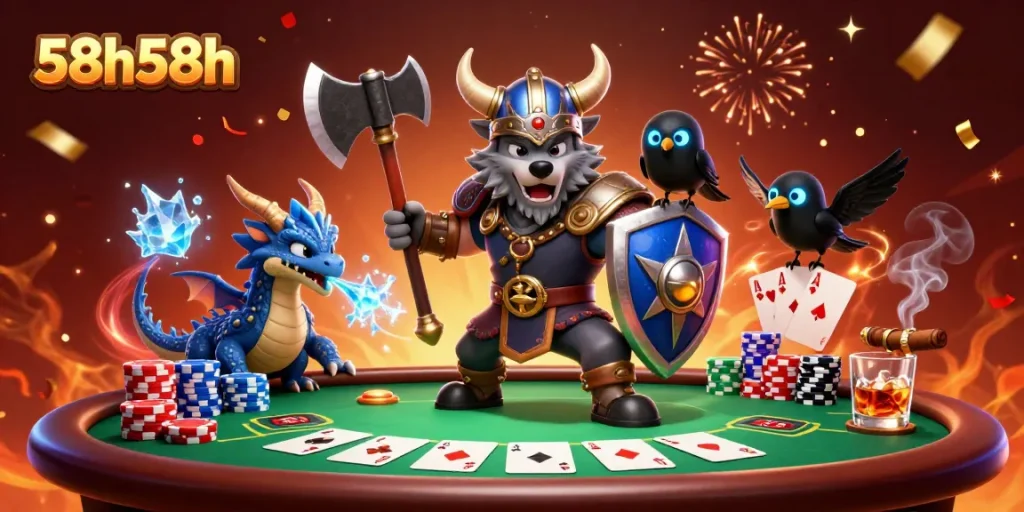 O 58h58h traz um guerreiro lobo em destaque, cercado por elementos de poker vibrantes.