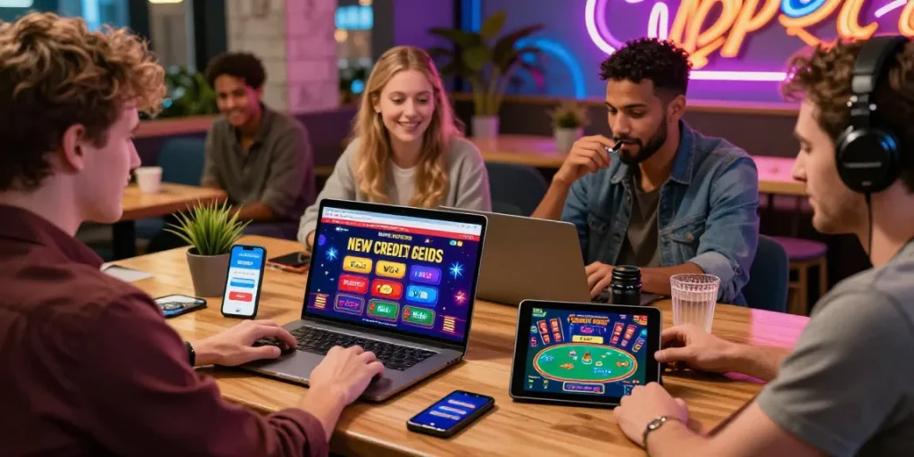 Players engaging with new credit card casinos on devices, showcasing lively interactions and casino atmosphere.