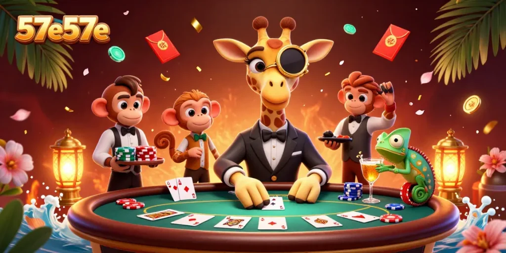 Experience the thrill at 57e57e with a high-roller giraffe at a VIP poker table.