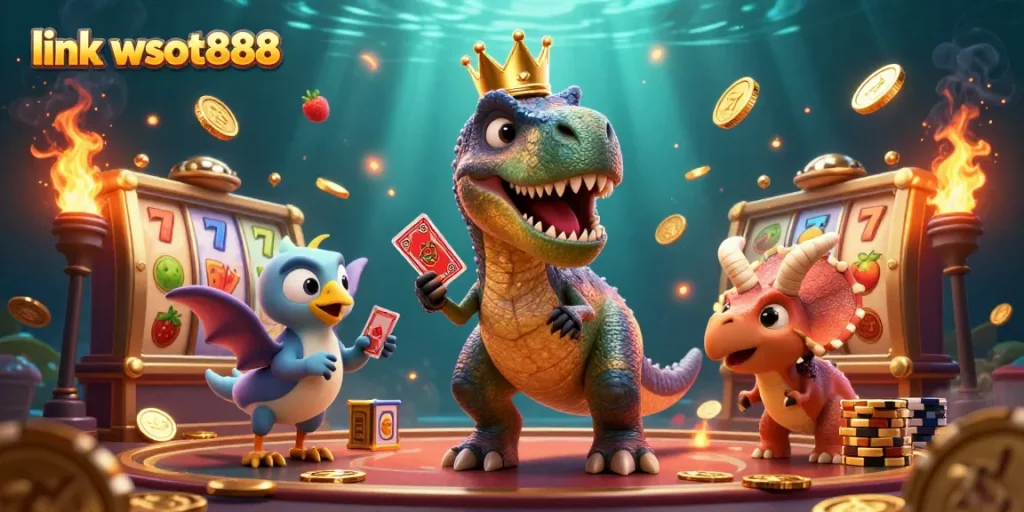 Permainan slot seru link wslot888 dengan T-Rex yang mencoba membagikan kartu dan triceratops menghitung chip emas.