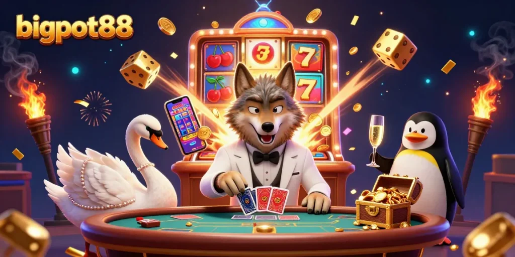Experience bigpot88 thrills as the debonair wolf, elegant swan, and sophisticated penguin bring casino excitement to life.