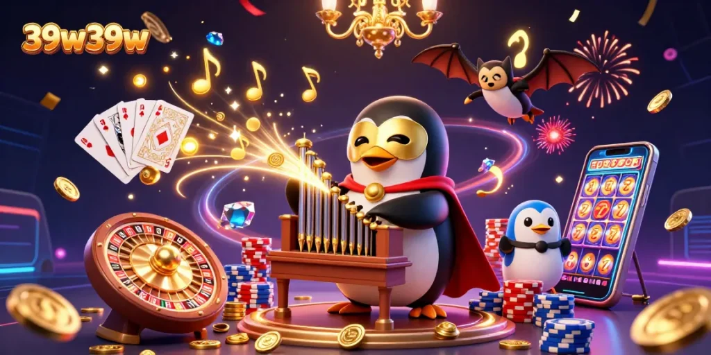 Experience the excitement of 39w39w with a vivid scene of a casino festival filled with golden treasures.