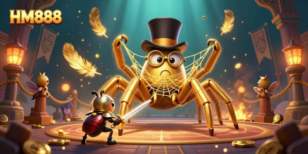 Engage in thrilling gameplay with HM888's enchanting scene featuring a giant tarantula and beetle knight.