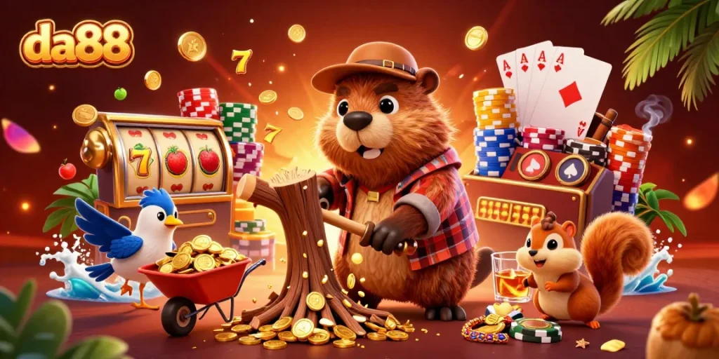 Experience the thrilling da88 casino adventure with cartoon characters in a vibrant, dynamic gambling scene.