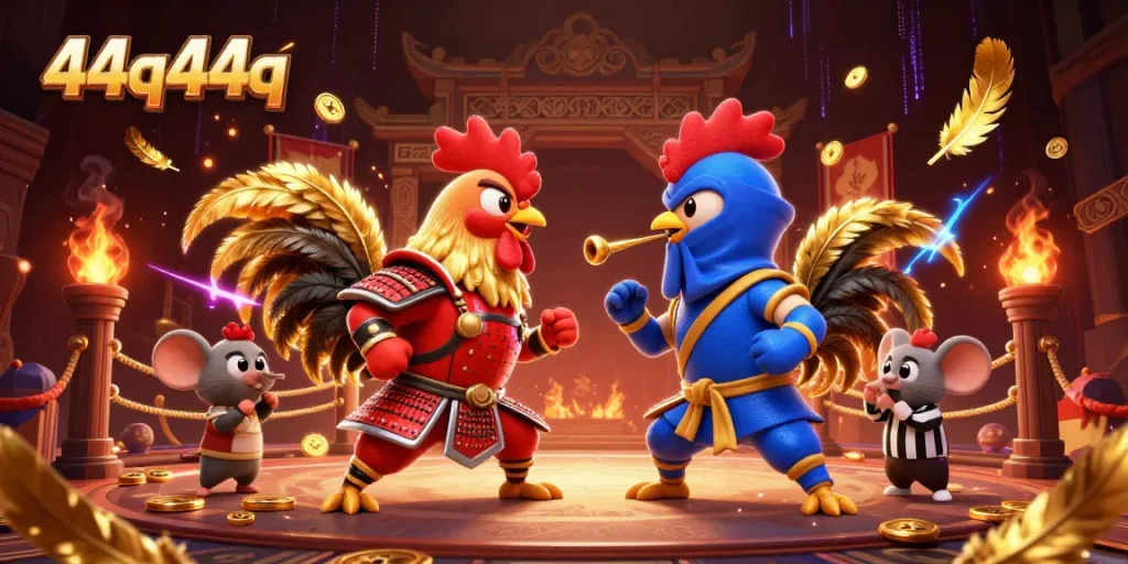 44q44q's dynamic rooster standoff illustration captures the thrill of gambling.