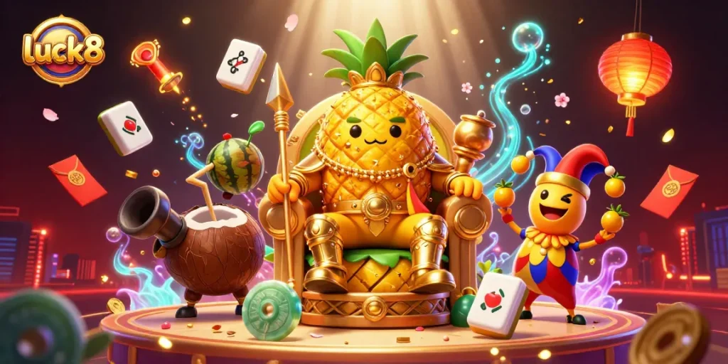 Experience luck8's vibrant casino action with a cartoon pineapple king and festive game elements.