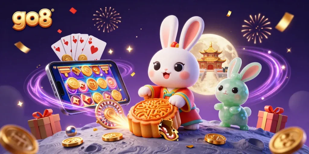 Experience the excitement at go8 with a dynamic illustration of games and luck reflected in festive casino elements.