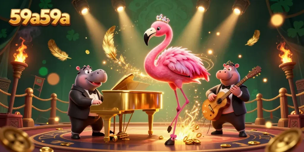 Aumente seus ganhos com o 59a59a em uma cena vibrante de cassino com flamingo e hipopótamo.