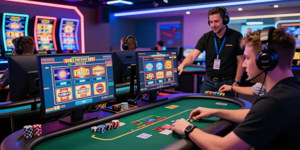 Credit card casinos featured on https://bhma.org.uk/ showcasing vibrant online gaming atmosphere with players engaged and colorful neon lights.