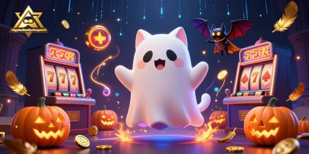 Ridgelandfamilychiropractic menghadirkan kucing hantu lucu di kasino dengan slot reel dan koin bersinar.