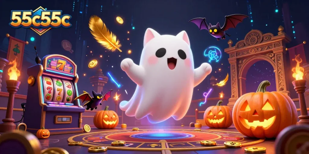 O 55c55c apresenta um gato fantasma flutuante em um cassino assombrado, com moedas e símbolos vibrantes