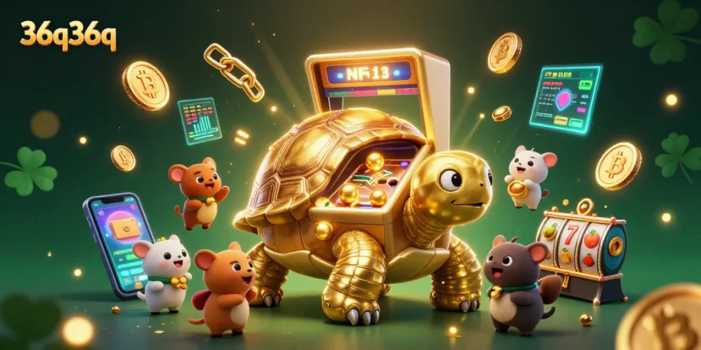 O tortuga colossal dourada da 36q36q se destaca em um cenário de cassino animado com elementos de slots.