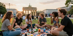 Is Weed Legal In Berlin? – Buying Weed In Berlin Guide scene with friends enjoying cannabis in a park.
