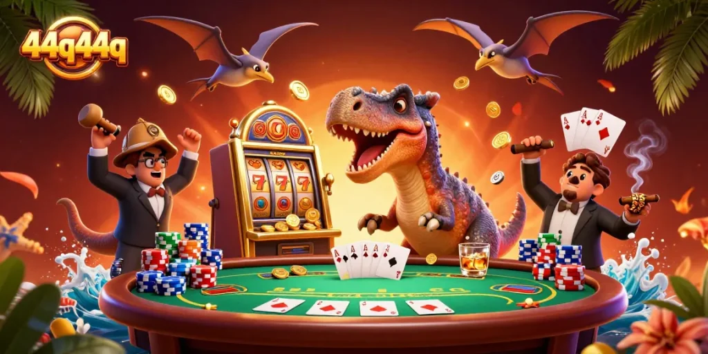O 44q44q mostra dinossauros em cena de cassino, ganhando prêmios com emoção.