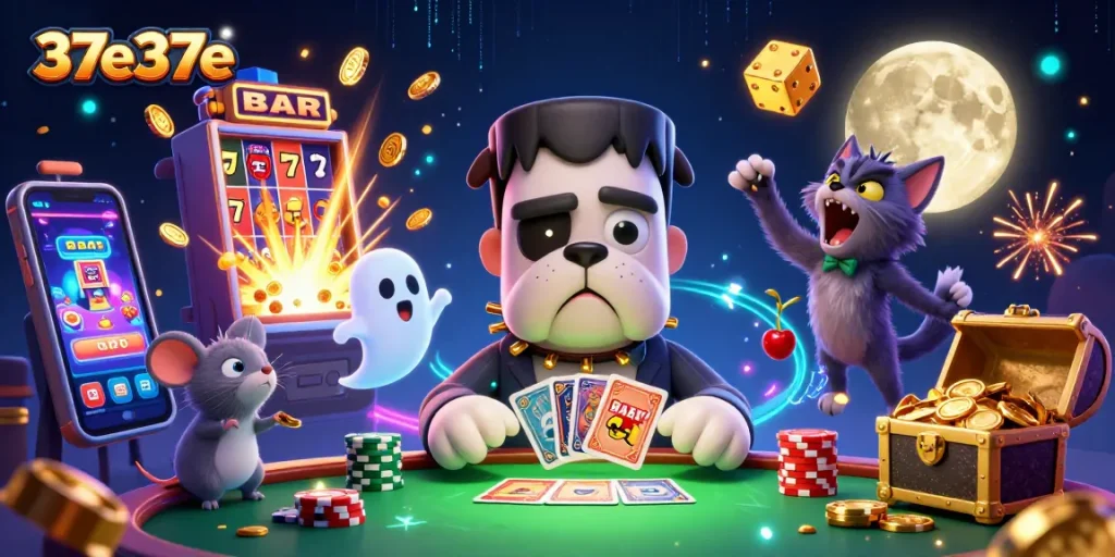 37e37e features a lively scene with a bulldog monster, gold moon, and explosive slot machine action.