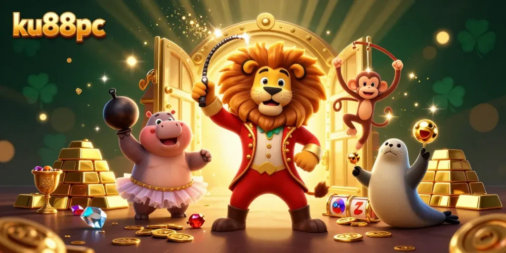 Experience excitement with ku88pc's vibrant 3D casino scene featuring animated characters and dynamic slot elements.