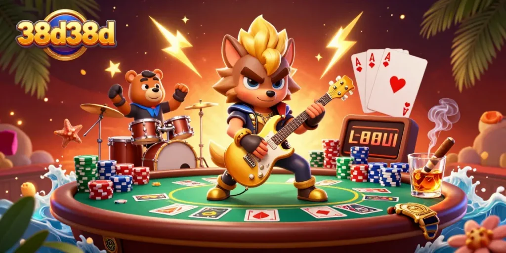 O rock star lobo apresenta sua guitarra no espetáculo 38d38d em meio a um vibrante cenário de cassino.
