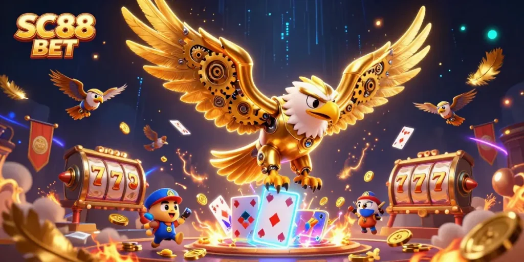 Experience thrilling gameplay with SC88 BET as a cybernetic golden eagle soars through holographic cards.