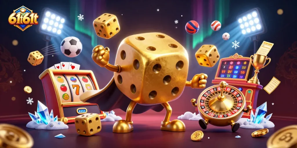 Ilustração 3D do golem de dados dourados 61t61t jogando dados, ao redor símbolos de caça-níqueis e bolas de esportes.