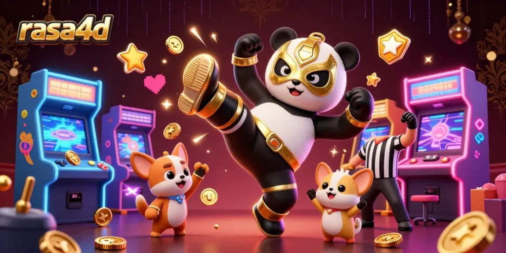 Rasa4d menghadirkan ilustrasi kasino dengan panda pegulat dan penonton hewan yang riuh.