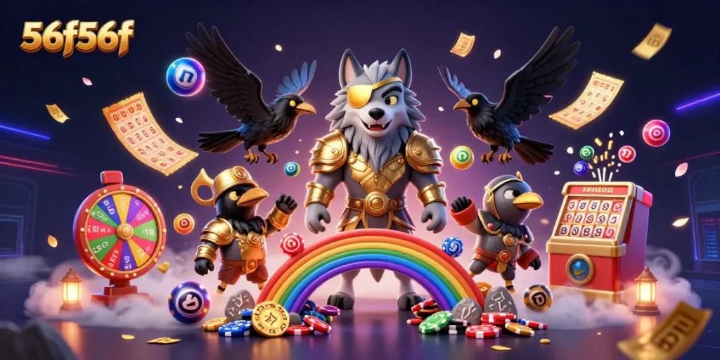 56f56f traz a sorte com uma cena vibrante de cassino, apresentando um lobo Odin e elementos de jogo.