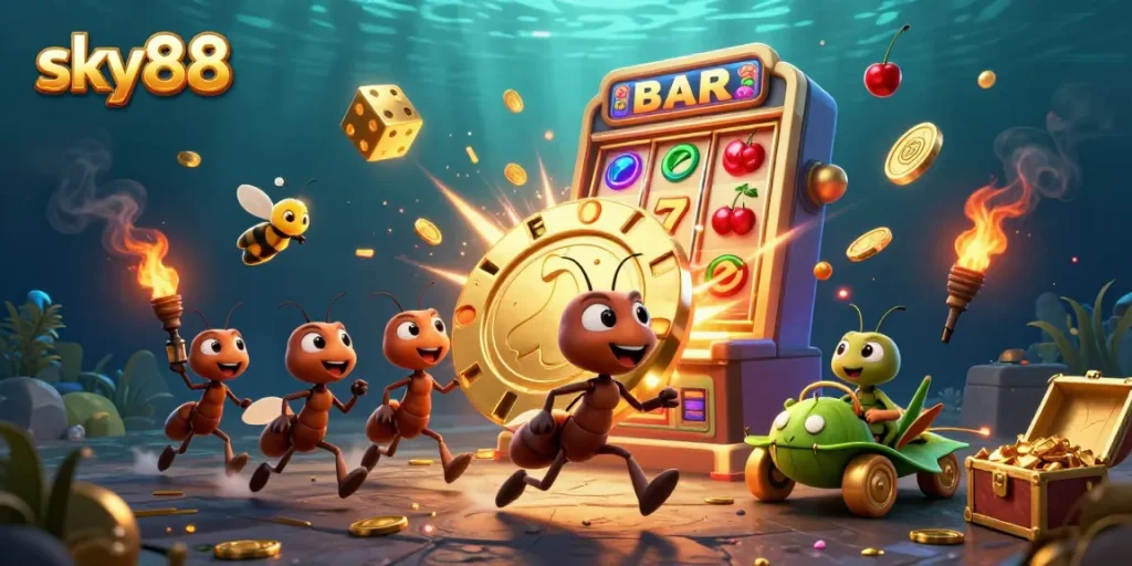 Sky88's cartoon heist: ants carry a giant poker chip amidst an explosion of slot machine riches.