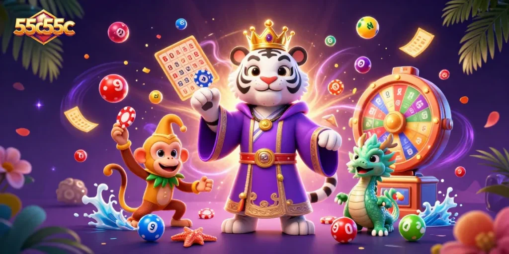 Engage with the vibrant energy of 55c55c as a lively white tiger, monkey, and dragon showcase thrilling gaming elements.