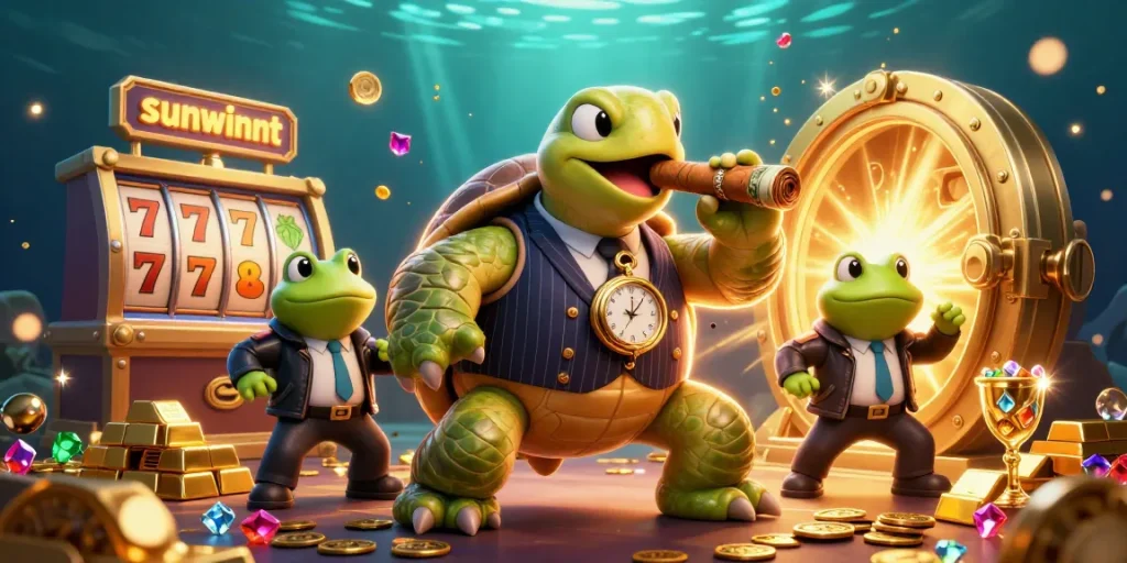 Engage with sunwinnt's dynamic casino world, featuring a mobster turtle in vibrant 3D!