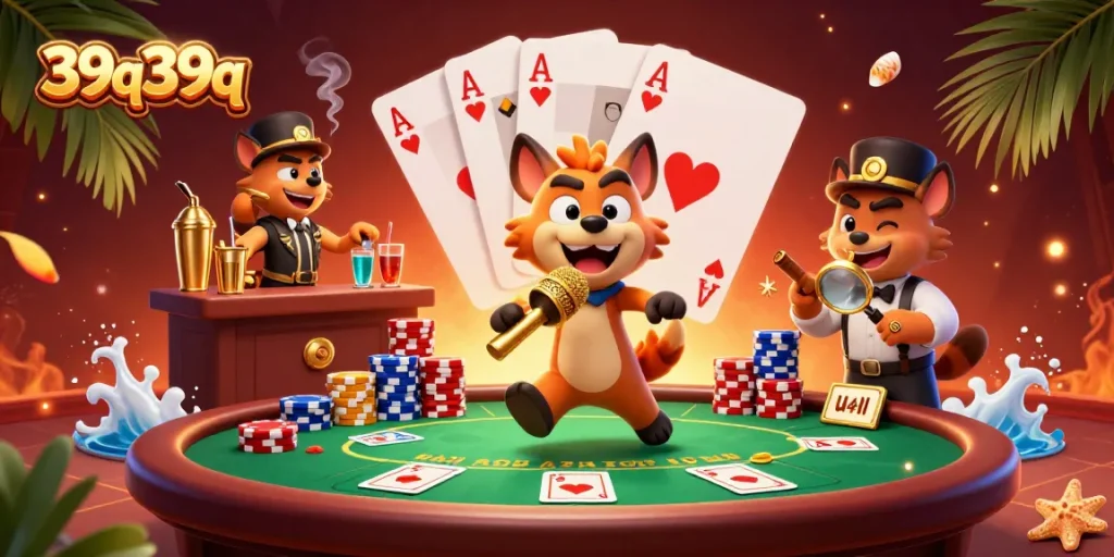 Engage with the vibrant comedy casino scene featuring hyenas at 39q39q, showcasing poker action.
