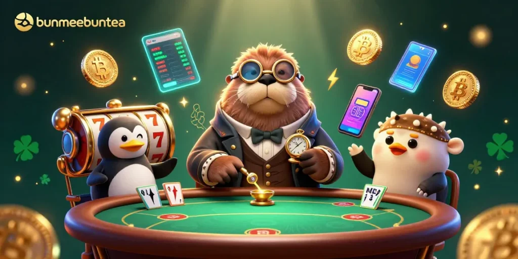 Bermain di bunmeebuntea dengan walrus ceria di meja poker bawah laut, memancarkan koin Bitcoin dan Ethereum yang bersinar.