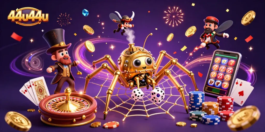 O 44u44u encapsula a emoção dos jogos com uma aranha dourada e moedas caindo.