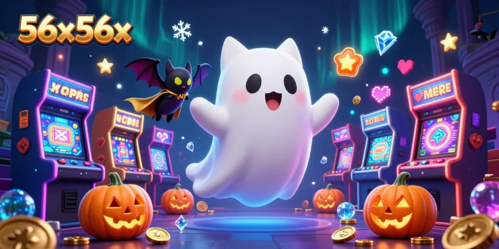 O fantasma gato do 56x56x flutua em um cassino assombrado, cercado por máquinas de arcade vibrantes.