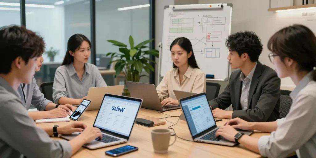 安全通讯平台SafeW在专业团队中的应用，展示团队成员协作的场景。