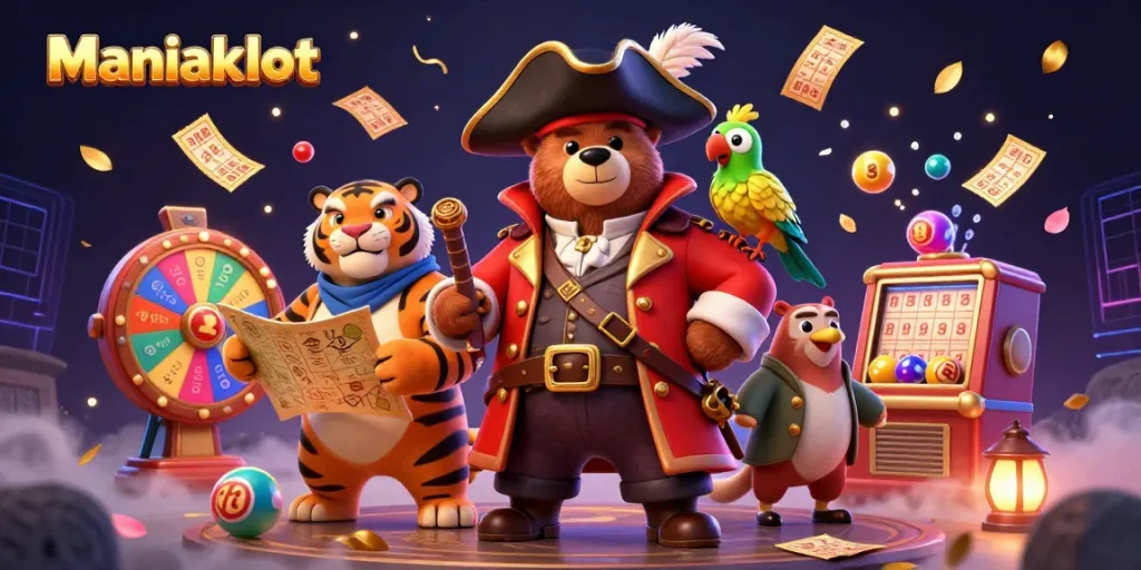 Win big with Maniakslot while enjoying a vibrant 3D illustration of a pirate bear and friends.