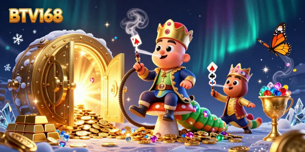 Engage in the thrilling ambiance of BTV168 with a vibrant casino scene featuring a sultan caterpillar.