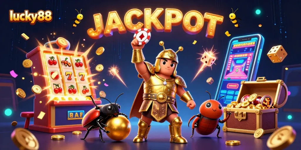 Experience the excitement of lucky88 with a victorious beetle lifting a poker chip amidst a jackpot explosion.