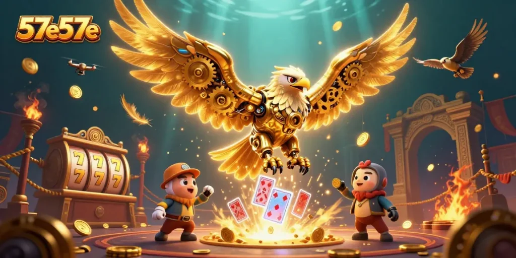 Assista a 57e57e em uma ilustração 3D vibrante com águia dourada em um cassino.