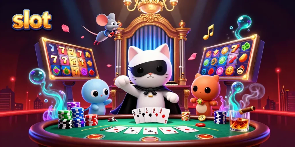 Experience thrilling moments at a slot game with vibrant reels, lucky symbols, and an energetic atmosphere.
