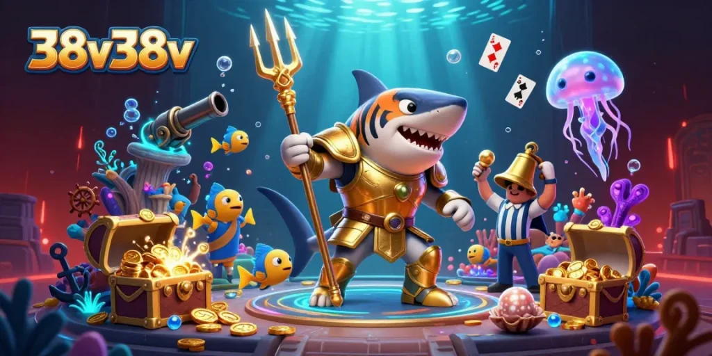 Experience thrilling underwater gambling with 38v38v featuring a tiger shark gladiator amidst treasure and excitement.
