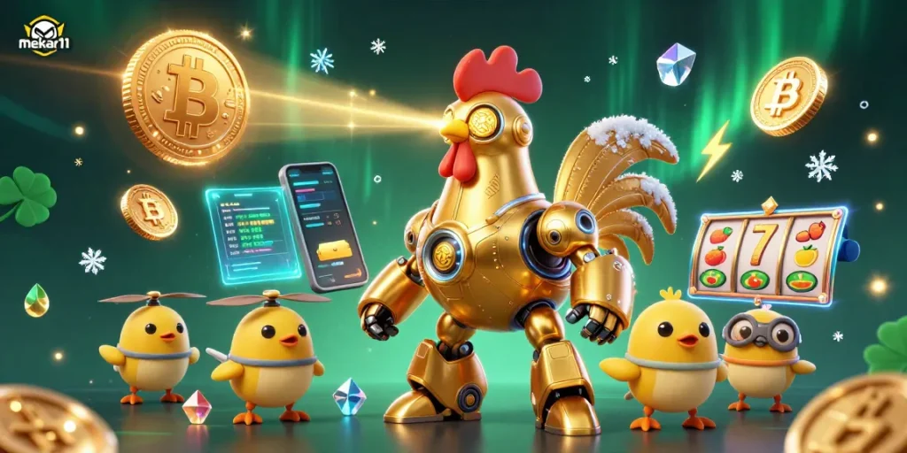 Mekar11 launches into the crypto casino world with a dynamic 3D illustration featuring a golden rooster robot and baby chick drones.