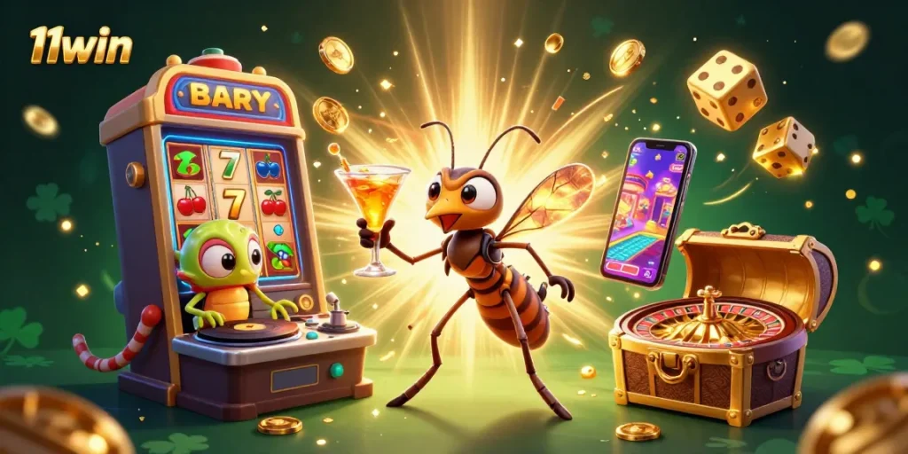 Engage with the vibrant 11win casino scene featuring a lively mascot and dynamic game elements.