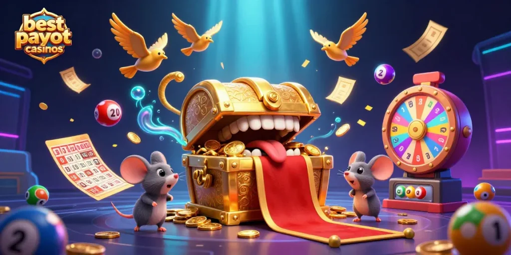 Engaging illustration of best payout casinos showcasing a vibrant treasure chest, flying lottery elements, and rich rewards.
