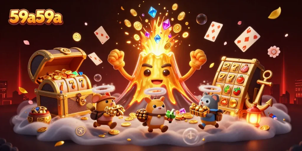 Experience the vibrant world of 59a59a with a triumphant volcano surrounded by treasure in a captivating casino scene.