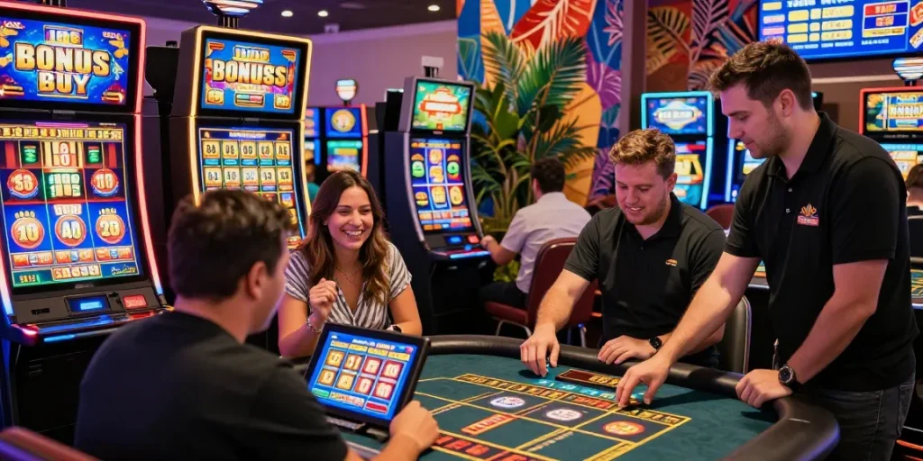 Experience the thrill of online gambling at non-Gamstop casinos like https://oadbyremembers.org.uk, showcasing diverse players engaged in Bonus Buy slots and live dealer games.