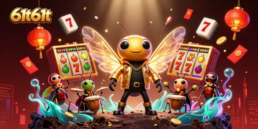 Experience thrill with 61t61t's vibrant slots scene featuring a cicada rock star and casino elements.