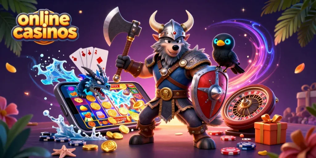 Engage with online casinos through a vibrant 3D illustration showcasing a Viking warrior and dragon.